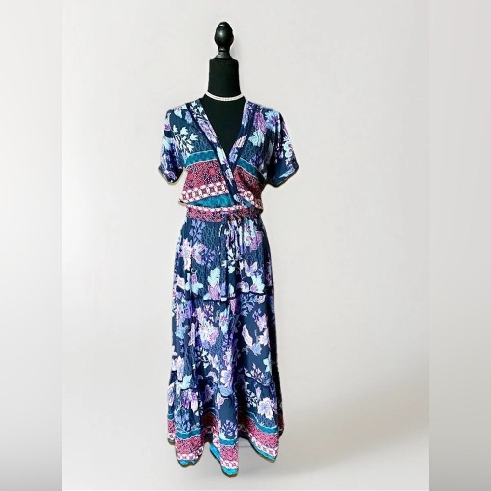 JAASE Honey Purple Haze Floral Boho Maxi dress V-Neck sz M CottageCore festival
